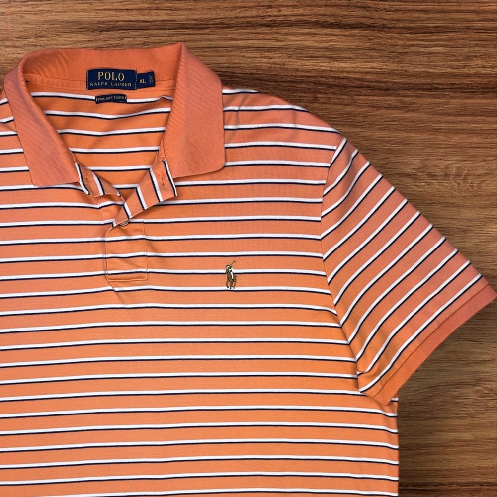 Polo Ralph Lauren Men’s Pima Soft Touch Orange w/ White & Blue Stripes Polo. XL. - Picture 2 of 10